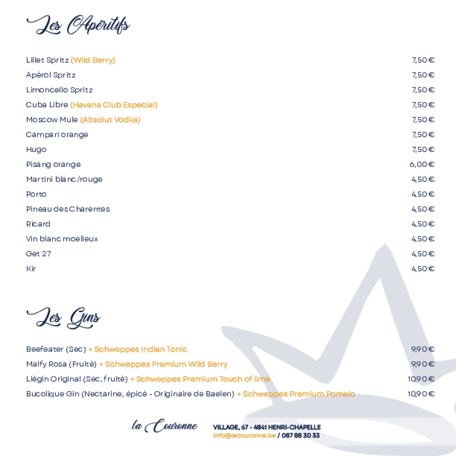 Le menu du restaurant La Couronne
