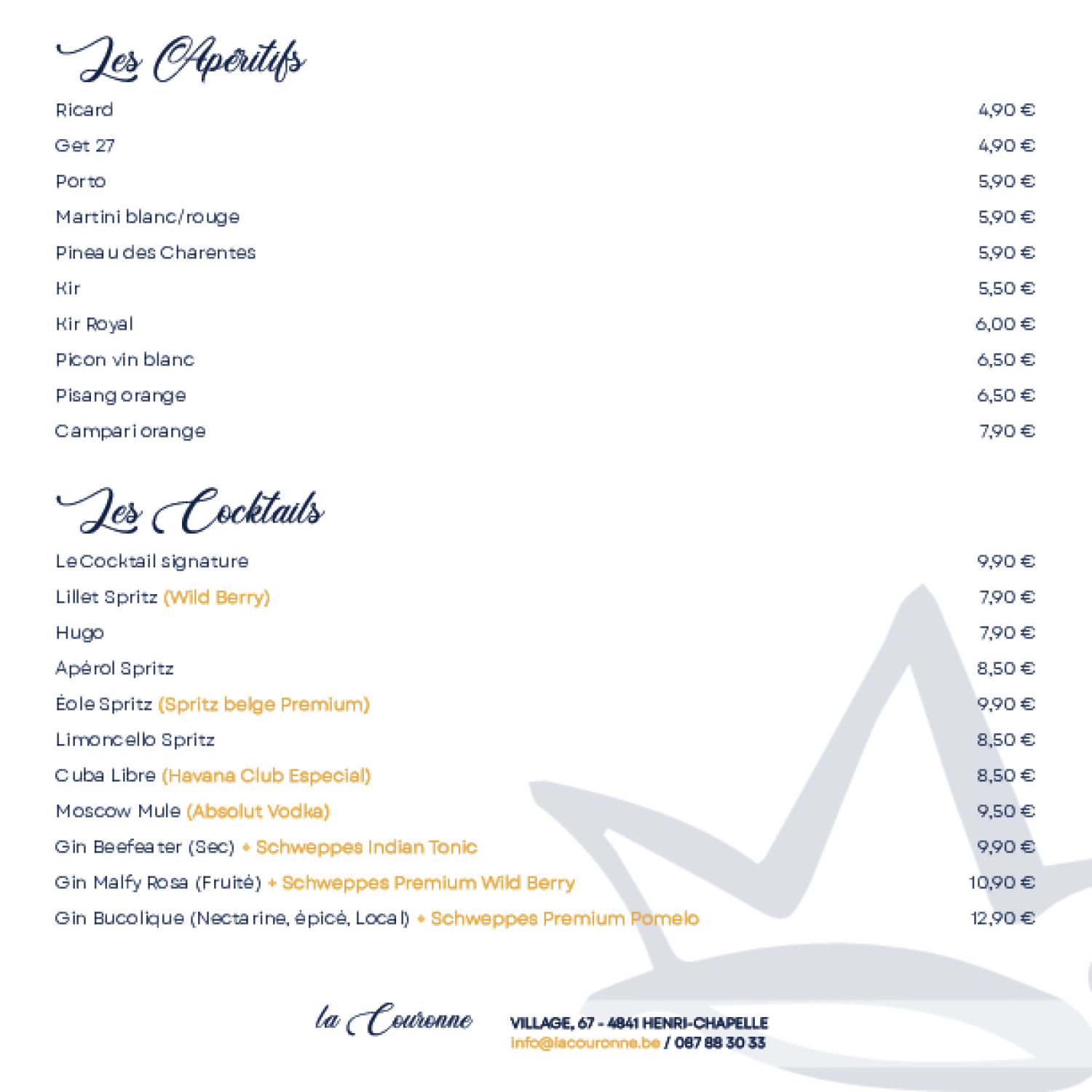 Le menu du restaurant La Couronne